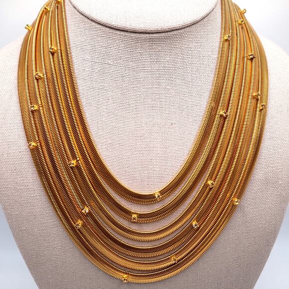 Snake Chain 6 Strand Necklace, Rhinestone Accents, Gold Tone, 17" - Picture 10 of 11